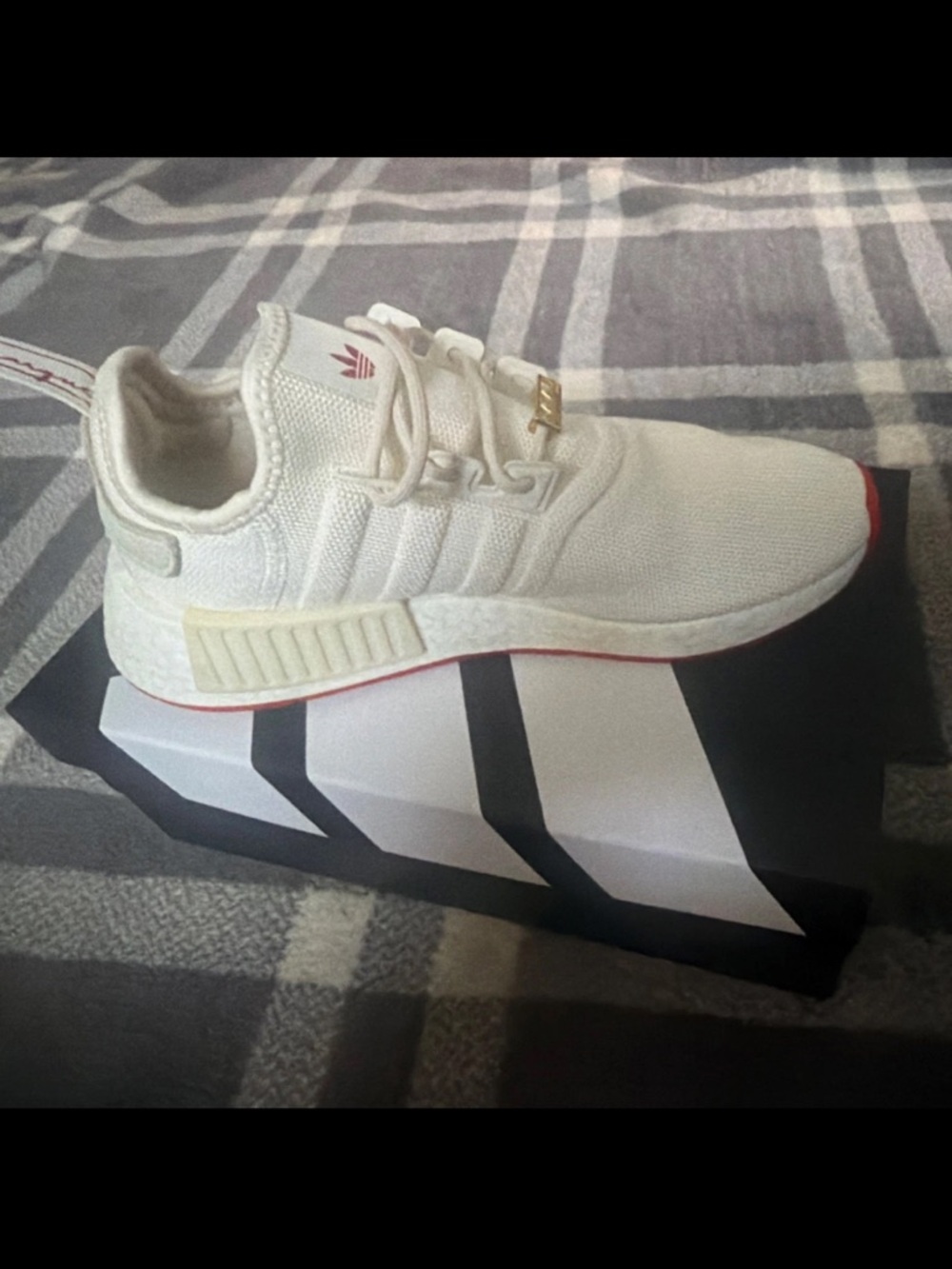 adidas Kids White Knit Sneakers with Red Trim